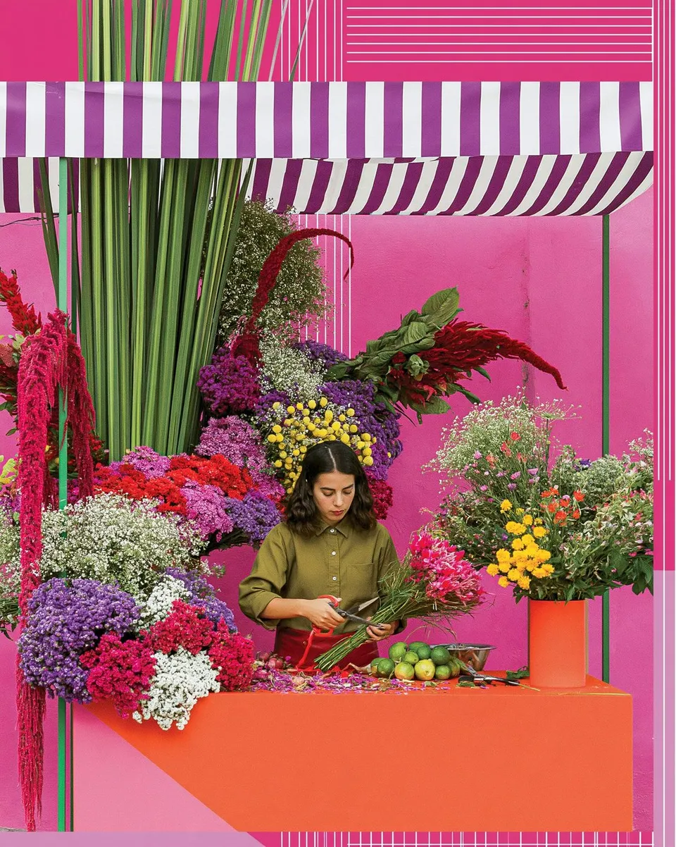 Night-market Florist Building Enormous Bouquets, a Midjourney sref remix: a night-market florist building enormous bouquets beneath striped awnings, playful photo style