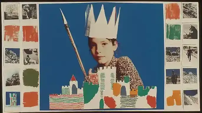 Young Hero with a Paper Crown 2, a Midjourney sref remix: a young hero with a paper crown and cardboard spear standing guard over a patchwork castle made of monochrome comic panels, A freckled figure in a faded Polaroid portrait reclines across a deep cobalt modernist field as warm painted shapes drift gently around her., dreamy storybook light, playful graphic style