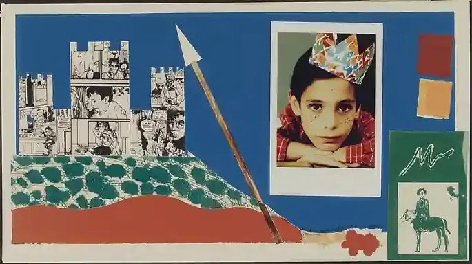 Young Hero with a Paper Crown 2, a Midjourney sref remix: a young hero with a paper crown and cardboard spear standing guard over a patchwork castle made of monochrome comic panels, A freckled figure in a faded Polaroid portrait reclines across a deep cobalt modernist field as warm painted shapes drift gently around her., dreamy storybook light, playful graphic style