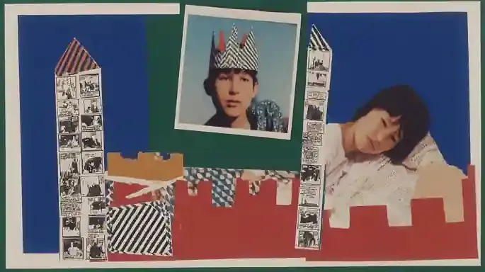Young Hero with a Paper Crown 2, a Midjourney sref remix: a young hero with a paper crown and cardboard spear standing guard over a patchwork castle made of monochrome comic panels, A freckled figure in a faded Polaroid portrait reclines across a deep cobalt modernist field as warm painted shapes drift gently around her., dreamy storybook light, dreamy graphic style