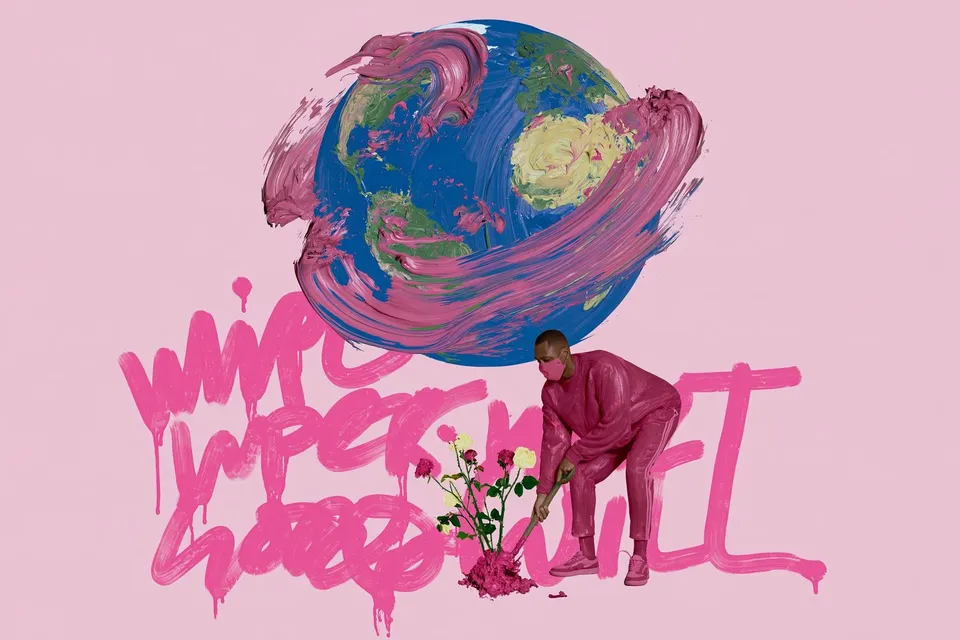 Graffiti Atlas of Kindness, a Midjourney sref remix: A thick impasto-painted globe of swirling continents spins over a friendly masked hero planting flowers amid pink graffiti that spells a gentle message of goodwill., surreal paint style