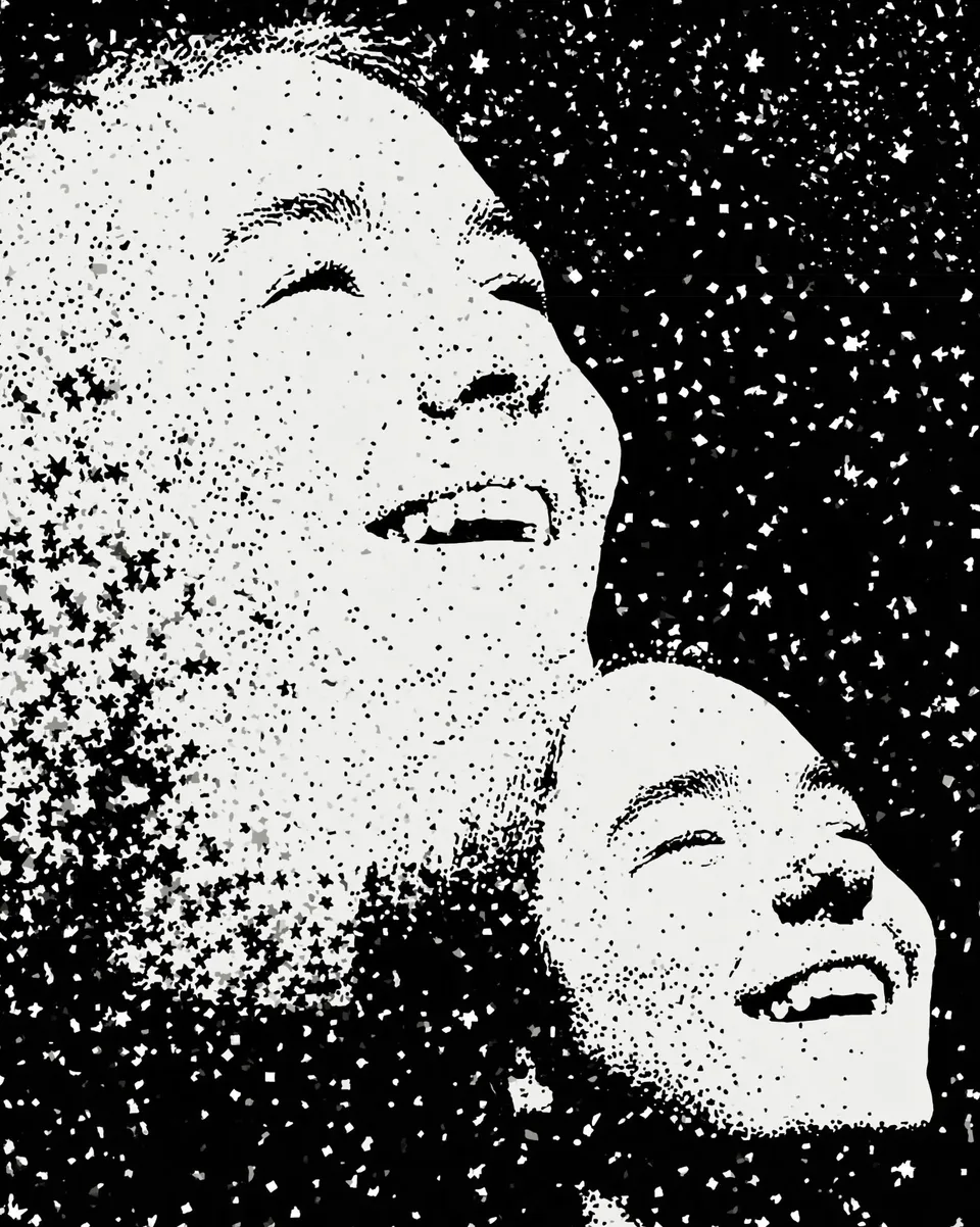 Two Childhood Best Friends, a Midjourney sref remix: two childhood best friends laughing in a burst of glitter and confetti, one profile dissolving into delicate stippled dots, warm Y2K film glow, playful illustration style