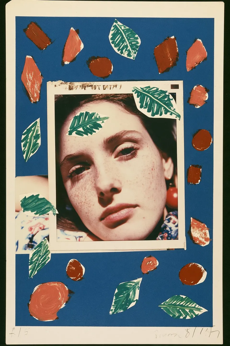 Polaroid in the Cobalt Field, a Midjourney sref remix: A freckled figure in a faded Polaroid portrait reclines across a deep cobalt modernist field as warm painted shapes drift gently around her., playful graphic style