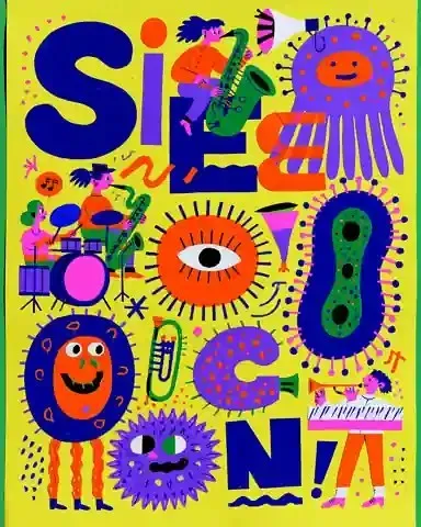 Friendly Microbe Chorus, a Midjourney sref remix: a friendly microbe chorus conducting a tiny brass band inside a playful children’s science museum poster, flat cut-paper geometry, jubilant letterforms and electric primary colors, playful illustration style