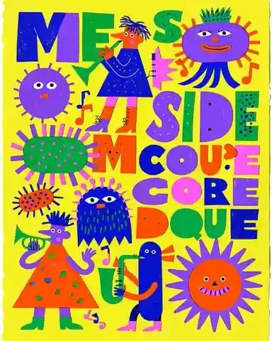 Friendly Microbe Chorus, a Midjourney sref remix: a friendly microbe chorus conducting a tiny brass band inside a playful children’s science museum poster, flat cut-paper geometry, jubilant letterforms and electric primary colors, playful illustration style