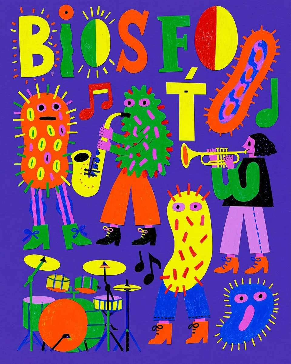 Friendly Microbe Chorus, a Midjourney sref remix: a friendly microbe chorus conducting a tiny brass band inside a playful children’s science museum poster, flat cut-paper geometry, jubilant letterforms and electric primary colors, playful illustration style