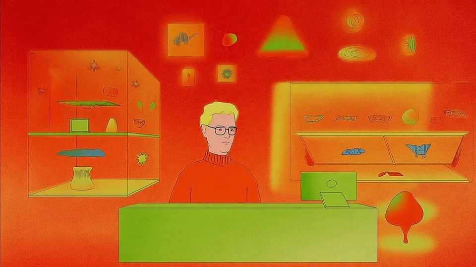 Quirky Bespectacled Man amid Floating Shapes 3, a Midjourney sref remix: quirky bespectacled man amid floating shapes, an interstellar museum kiosk cataloging mysterious folk artifacts, psychedelic pictograms presented inside a restrained monochrome science-fiction interface, surreal illustration style