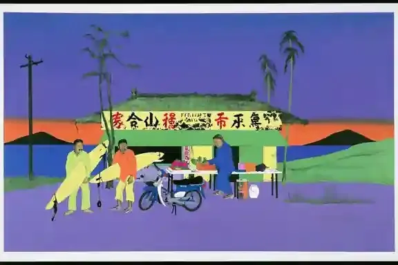 Three Surfers Waiting beside a Faded Roadside 3, a Midjourney sref remix: three surfers waiting beside a faded roadside fruit stand before dawn, dreamy illustration style