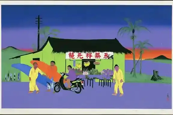 Three Surfers Waiting beside a Faded Roadside 3, a Midjourney sref remix: three surfers waiting beside a faded roadside fruit stand before dawn, playful illustration style