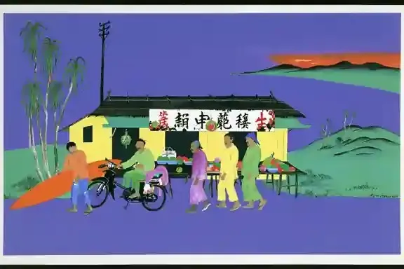 Three Surfers Waiting beside a Faded Roadside 3, a Midjourney sref remix: three surfers waiting beside a faded roadside fruit stand before dawn, playful illustration style