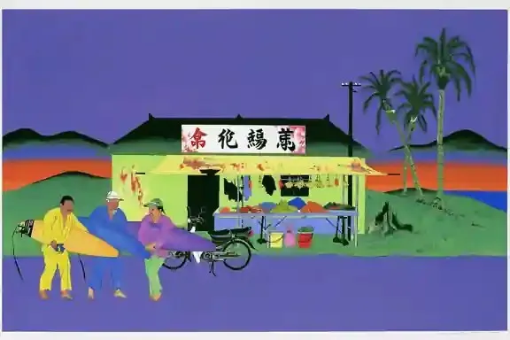 Three Surfers Waiting beside a Faded Roadside 3, a Midjourney sref remix: three surfers waiting beside a faded roadside fruit stand before dawn, playful illustration style