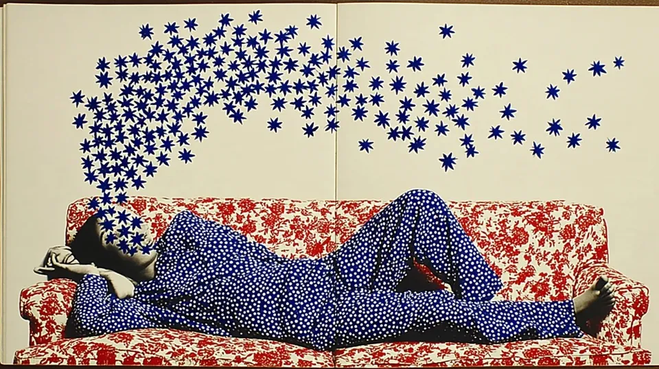 Cozily Pajamaed Reader Curls, a Midjourney sref remix: A cozily pajamaed reader curls up on a floral sofa while a gentle swirl of blue starlight and fluttering pages dances overhead in warm, wildlife researchers observing luminous rainforest creatures through dense midnight fog, dreamy light., psychedelic risograph markings surfacing inside a restrained four-panel noir sequence, dreamy graphic style