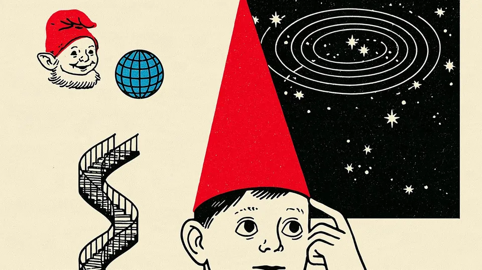 Whirl of Wonder, a Midjourney sref remix: A vintage collage of a smiling gnome, a tiny globe, and a spiral staircase surrounds a wide-eyed dreamer whose thoughts swirl into a friendly galaxy., playful illustration style