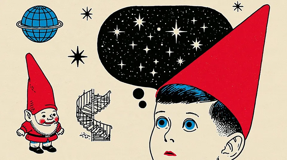 Whirl of Wonder, a Midjourney sref remix: A vintage collage of a smiling gnome, a tiny globe, and a spiral staircase surrounds a wide-eyed dreamer whose thoughts swirl into a friendly galaxy., playful illustration style