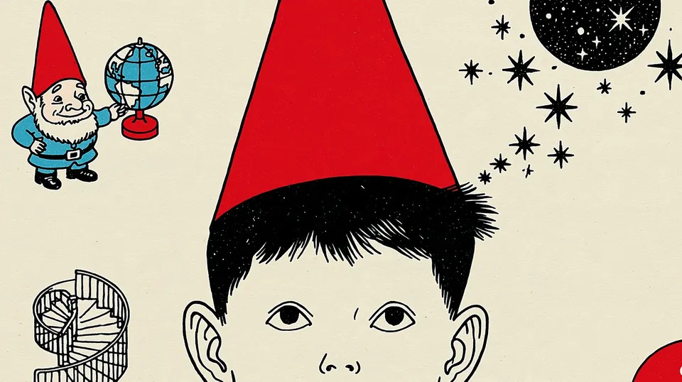 Whirl of Wonder, a Midjourney sref remix: A vintage collage of a smiling gnome, a tiny globe, and a spiral staircase surrounds a wide-eyed dreamer whose thoughts swirl into a friendly galaxy., playful illustration style