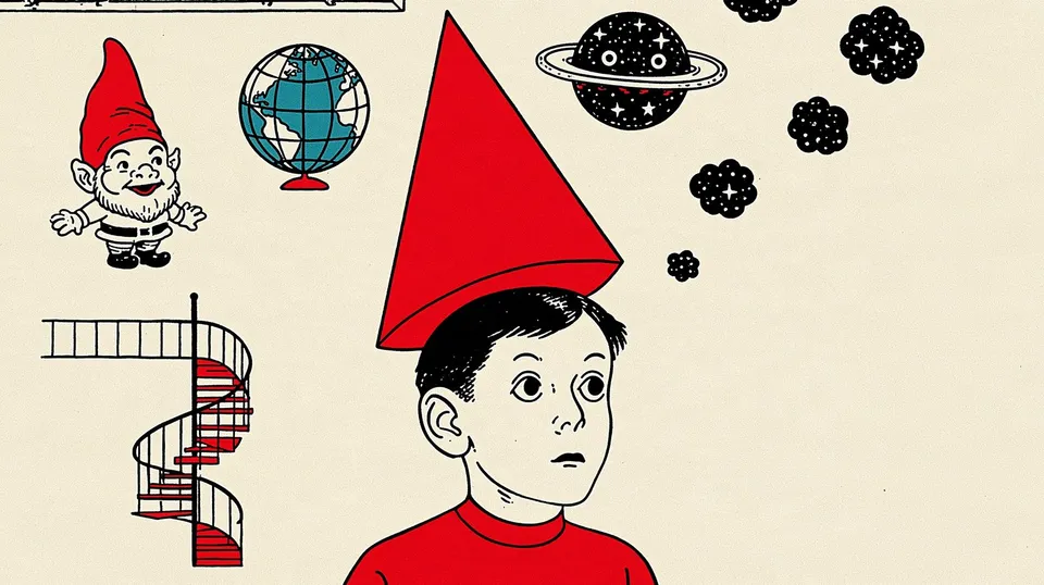 Whirl of Wonder, a Midjourney sref remix: A vintage collage of a smiling gnome, a tiny globe, and a spiral staircase surrounds a wide-eyed dreamer whose thoughts swirl into a friendly galaxy., playful illustration style