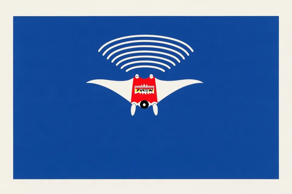 Exploded-View Robotic Manta Ray, a Midjourney sref remix: an exploded-view robotic manta ray diving through a cobalt energy vortex, crisp labeled engineering diagram overtaken by sweeping painterly motion, playful graphic style