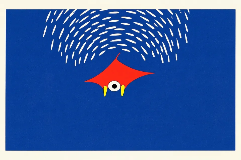 Exploded-View Robotic Manta Ray, a Midjourney sref remix: an exploded-view robotic manta ray diving through a cobalt energy vortex, crisp labeled engineering diagram overtaken by sweeping painterly motion, surreal graphic style