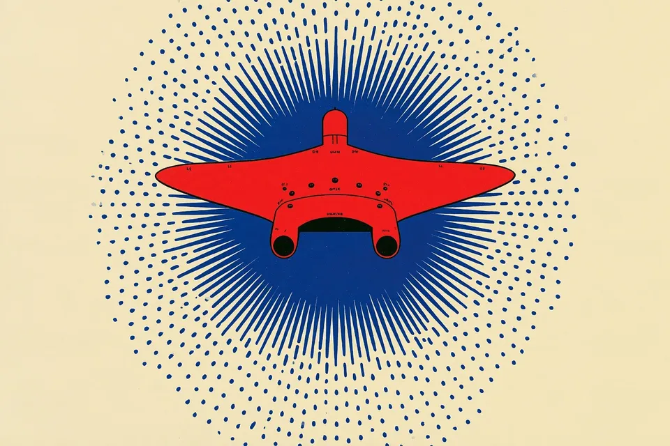 Exploded-View Robotic Manta Ray, a Midjourney sref remix: an exploded-view robotic manta ray diving through a cobalt energy vortex, crisp labeled engineering diagram overtaken by sweeping painterly motion, surreal graphic style