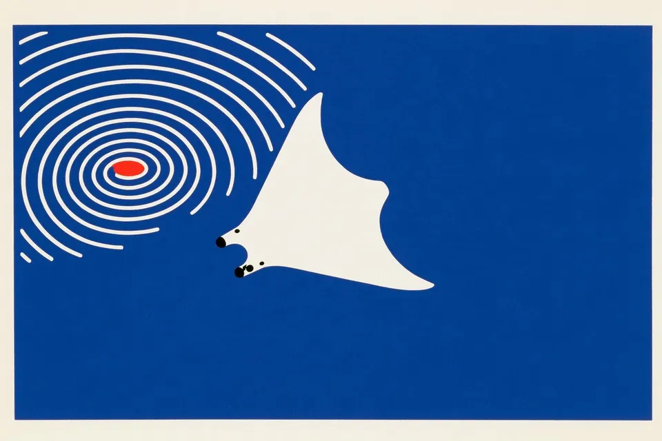 Exploded-View Robotic Manta Ray, a Midjourney sref remix: an exploded-view robotic manta ray diving through a cobalt energy vortex, crisp labeled engineering diagram overtaken by sweeping painterly motion, minimal graphic style