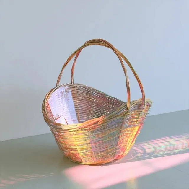 Woven Willow Gathering Basket, a Midjourney sref remix: woven willow gathering basket, round base, interwoven willow rods, natural bark, dreamy 3D style