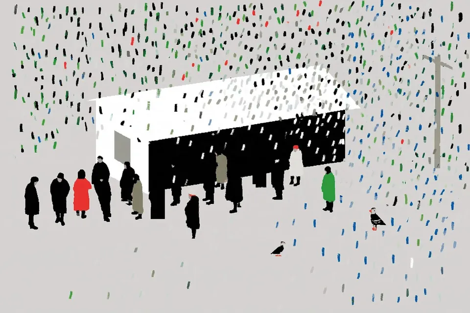 Passengers Waiting, a Midjourney sref remix: passengers waiting inside a tiny mountain train station during the first snow, playful illustration style