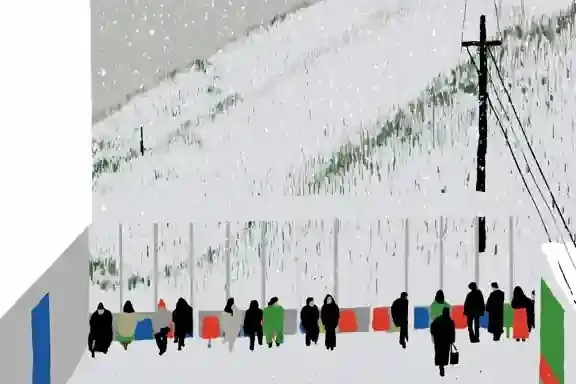 Passengers Waiting, a Midjourney sref remix: passengers waiting inside a tiny mountain train station during the first snow, minimal illustration style