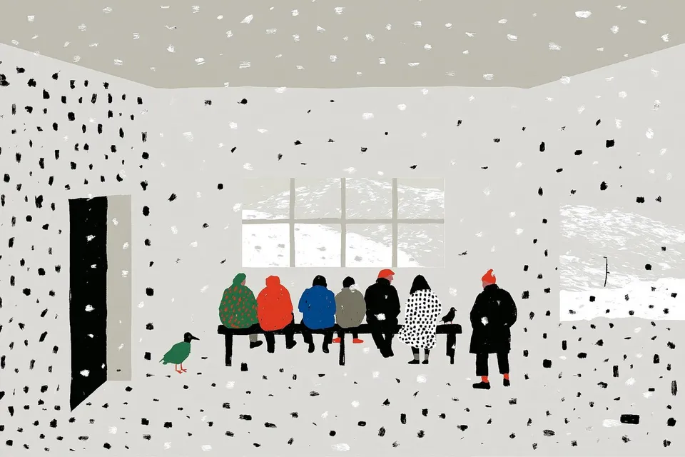 Passengers Waiting, a Midjourney sref remix: passengers waiting inside a tiny mountain train station during the first snow, minimal illustration style