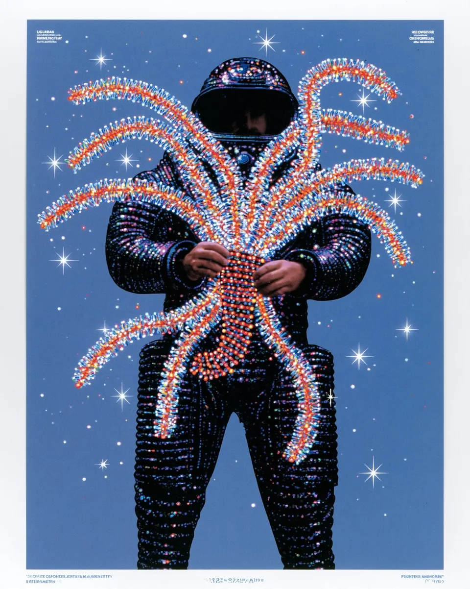 Rainbow Pressure Garden, a Midjourney sref remix: a deep-sea botanist in an iridescent pressure suit releasing ribbons of bioluminescent algae, cinematic black armor colliding with psychedelic rainbow screenprint, cinematic graphic style