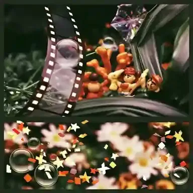 Miniature Coral Puppets Fold the Horizon, a Midjourney sref remix: miniature coral puppets fold the horizon through a botanical observatory, while confetti falls upward, playful photo style