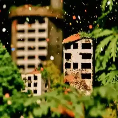 Miniature Coral Puppets Fold the Horizon, a Midjourney sref remix: miniature coral puppets fold the horizon through a botanical observatory, while confetti falls upward, cinematic photo style