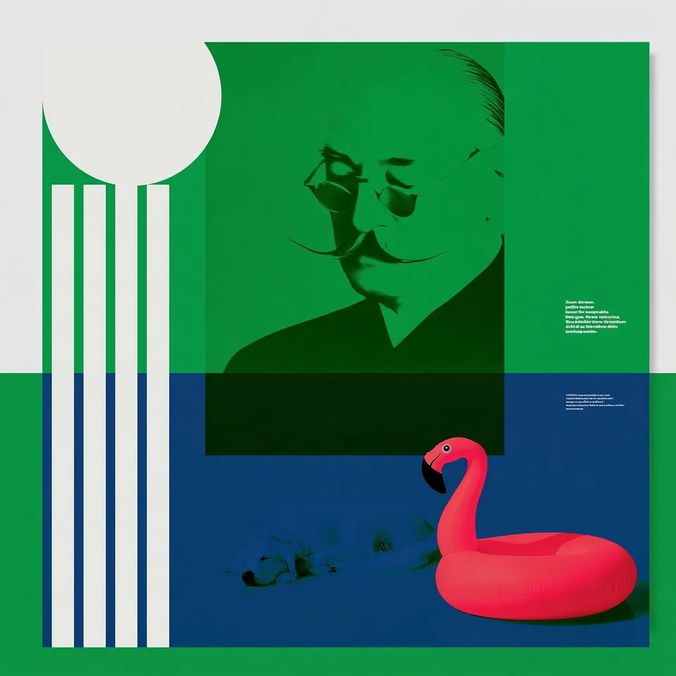 Surreal Summer with Senor Bark, a Midjourney sref remix: a mustachioed artist's green-tinted portrait hung over a pool where a dog naps on a flamingo float, graphic retro portraiture meeting playful summer nostalgia, playful graphic style