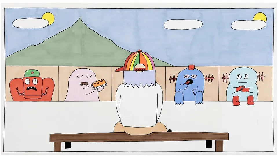 After-School at the Creature Cafe, a Midjourney sref remix: a child in a rainbow cap seen from behind watching four gentle imaginary creatures share a snack, playful sequential panels wrapped in soft cinematic warmth, playful illustration style