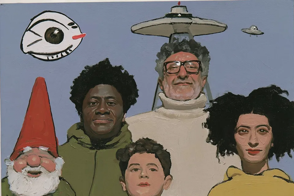 Gnome, a Midjourney sref remix: A cheerful family poses beneath a cool steel landmark while a friendly garden gnome, a giant blinking eye, and a tiny silver saucer drift through a dreamlike collage sky., playful paint style