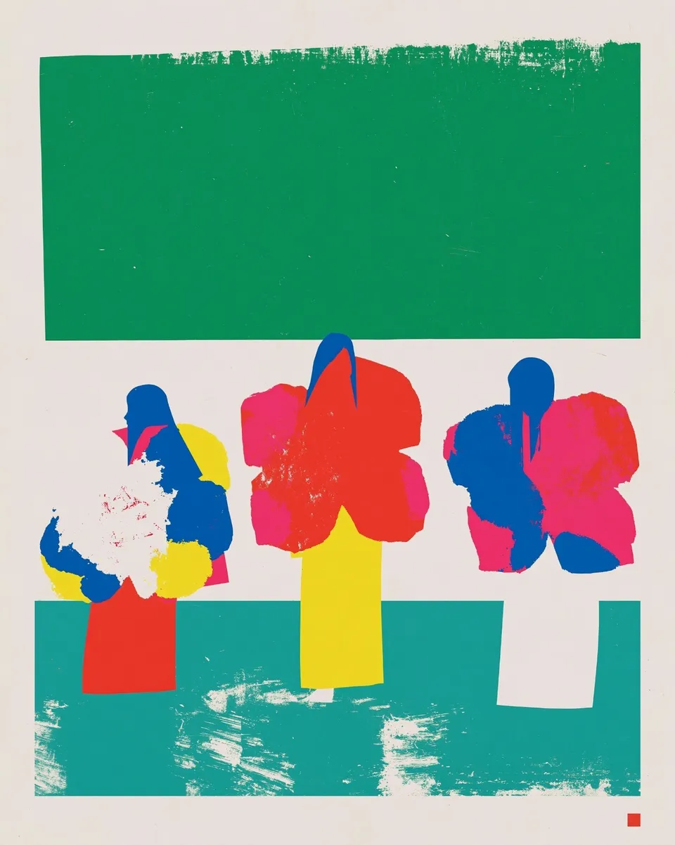 Three Dancers, a Midjourney sref remix: three dancers in oversized floral paper costumes balancing around a turquoise hotel pool, gestural fashion illustration mixed with sunny retro leisure graphics, playful graphic style