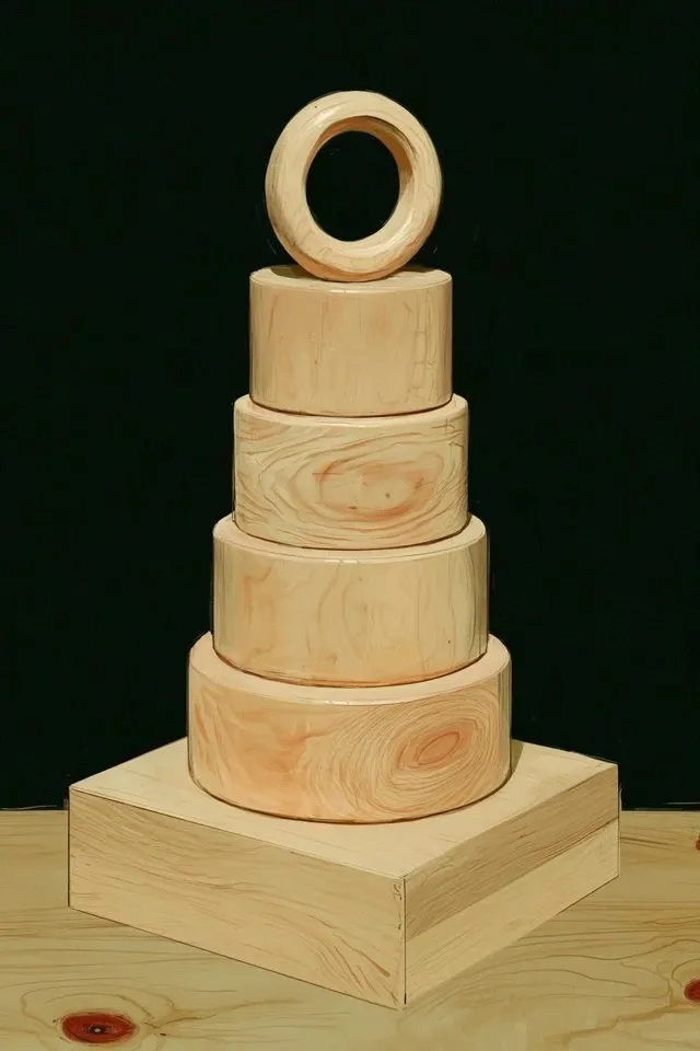 Wooden Stacking Rings Toy, a Midjourney sref remix: wooden stacking rings toy, turned wooden rings on a center post, unpainted natural wood, minimal paint style