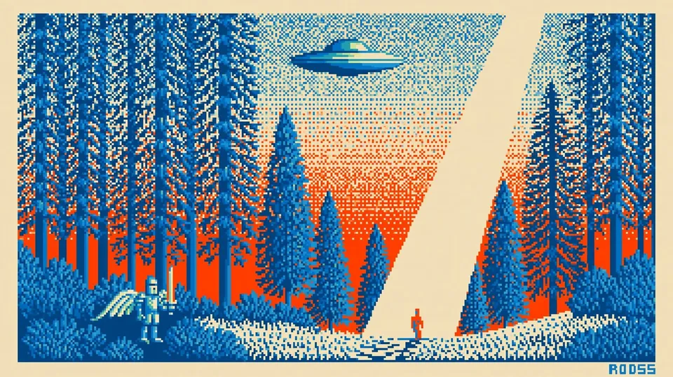 Pixel Knight, a Midjourney sref remix: a chunky pixel-art winged knight standing guard over a twilight pine forest while a friendly UFO's beam lights the trail ahead, crisp cool blue pixels meeting soft neon glow, cinematic illustration style