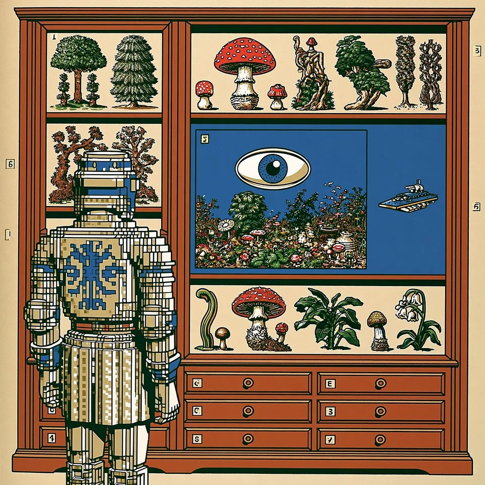 Pixel Knight's Field Guide, a Midjourney sref remix: a blocky pixel-art knight cataloging a cabinet of whimsical garden curiosities, crisp game-sprite armor beside a surreal collage of a mushroom, an eye, and a tiny spaceship, surreal illustration style