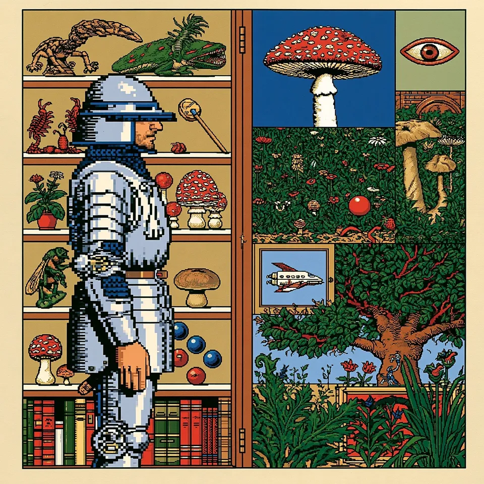 Pixel Knight's Field Guide, a Midjourney sref remix: a blocky pixel-art knight cataloging a cabinet of whimsical garden curiosities, crisp game-sprite armor beside a surreal collage of a mushroom, an eye, and a tiny spaceship, surreal illustration style