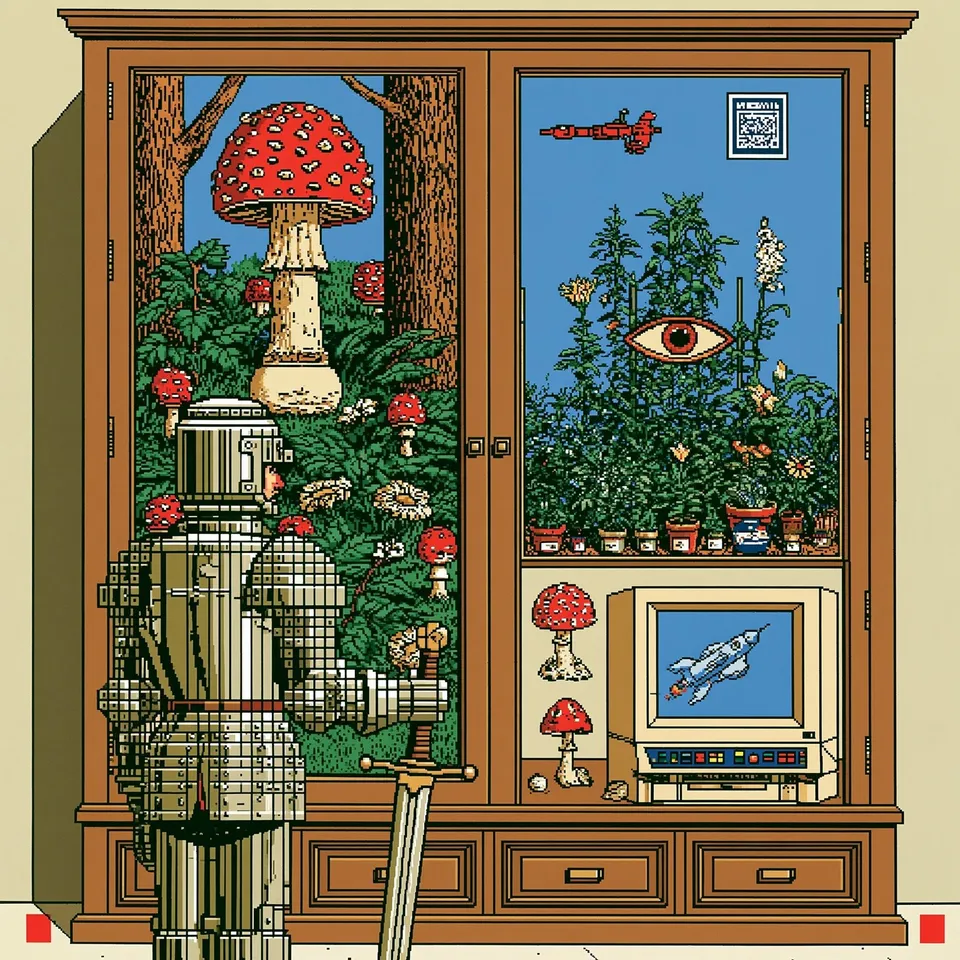 Pixel Knight's Field Guide, a Midjourney sref remix: a blocky pixel-art knight cataloging a cabinet of whimsical garden curiosities, crisp game-sprite armor beside a surreal collage of a mushroom, an eye, and a tiny spaceship, surreal illustration style