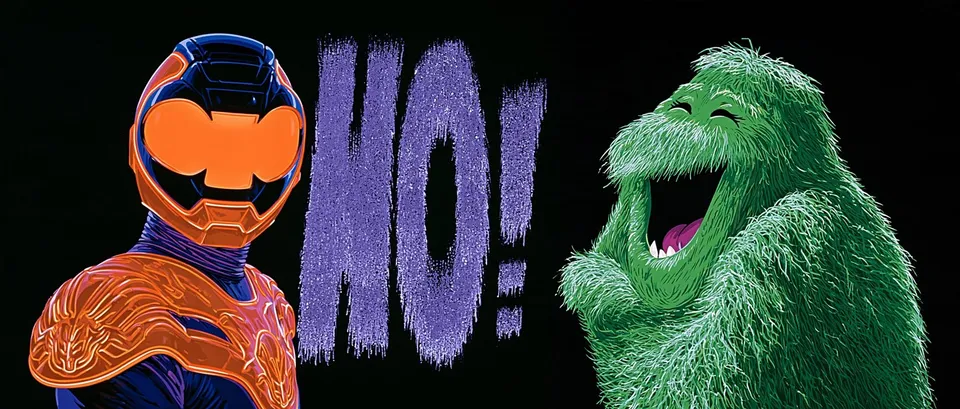 Guardian and the Laughing Monster, a Midjourney sref remix: A friendly armored hero with a glowing orange visor shares a cheerful hello with a bright green cartoon monster laughing joyfully beside him., playful illustration style