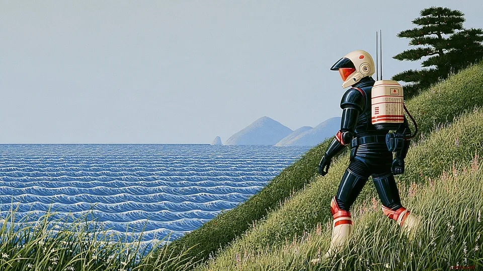 The Fairway Sentinel, a Midjourney sref remix: a friendly armored ranger with a glowing visor strolling green coastal hills beneath an ocean-wave sky, polished sci-fi armor softened by sunlit leisure, cinematic illustration style