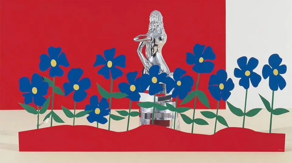 Paper Garden of Painted Flowers Unfurls 2, a Midjourney sref remix: A paper garden of painted flowers unfurls around a graceful metallic statue whose braided hair catches the soft neon glow of a flower shop at dusk., playful graphic style