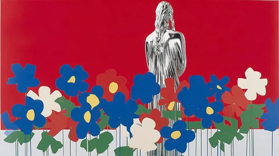 Paper Garden of Painted Flowers Unfurls 2, a Midjourney sref remix: A paper garden of painted flowers unfurls around a graceful metallic statue whose braided hair catches the soft neon glow of a flower shop at dusk., playful graphic style
