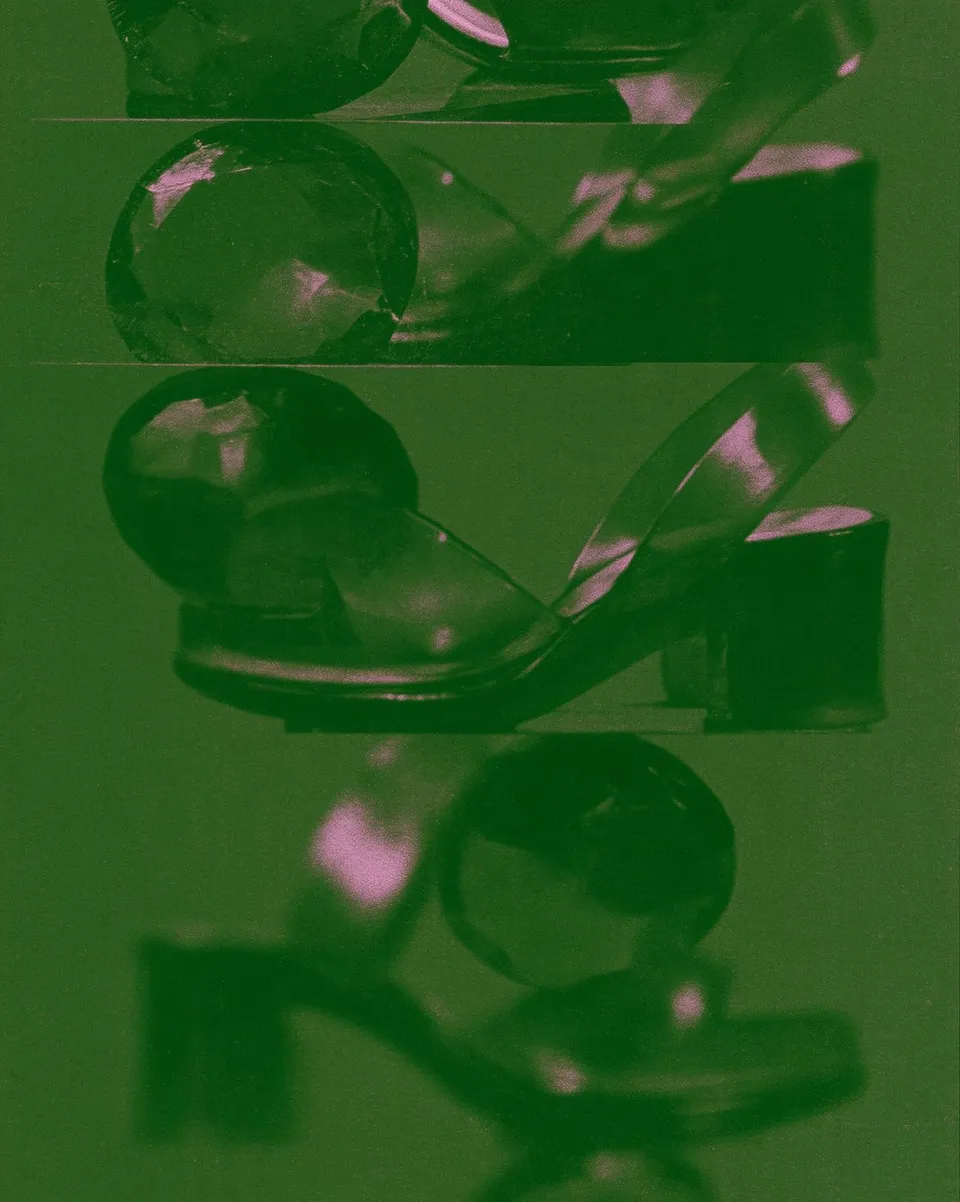 Translucent Jelly Shoes, a Midjourney sref remix: translucent jelly shoes arranged like rare gemstones on mirrored plinths, surreal photo style