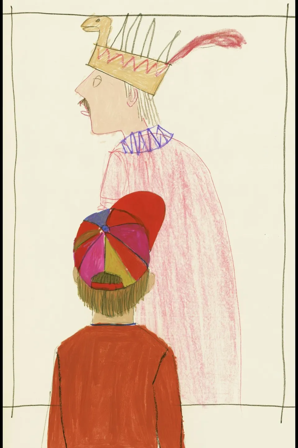 A Hero through Time, a Midjourney sref remix: a child in a vivid multicolor baseball cap seen from behind, gazing up at a noble ancient warrior materializing in warm dreamy brushstrokes across a museum wall, playful illustration style