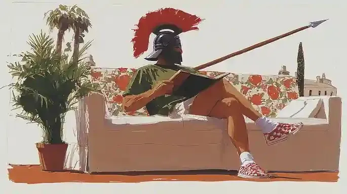 Gentle Ancient Warrior in a Red-Crested Helmet 2, a Midjourney sref remix: A gentle ancient warrior in a red-crested helmet sets down his spear to read a storybook, A green-haired wanderer strolls a glowing checkerboard boulevard toward a cool steel landmark, curled up on a sunlit floral sofa in checkered slippers., wrapped in a warm retro haze., playful illustration style