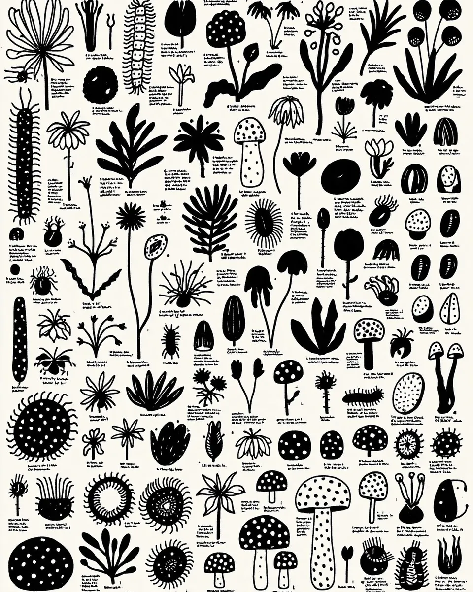 Precise Botanical Field Guide Plate of Impossible, a Midjourney sref remix: a precise botanical field guide plate of impossible carnivorous flowers, specimen annotations and cross-sections, playful illustration style