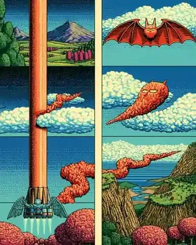 Four-Panel Retro Composition Reveals a Winged Warrior's, a Midjourney sref remix: A four-panel retro composition reveals a winged warrior's glowing arsenal rendered in chunky pixels, while a wispy ember-colored phantom curls smoke through every frame., surreal illustration style
