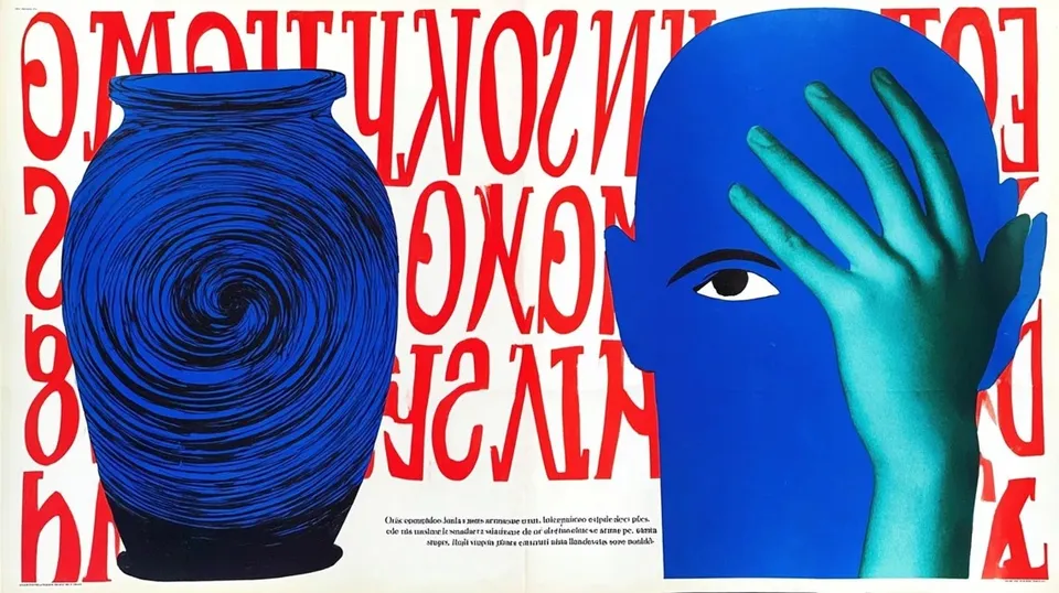 Vintage Collage of Spiral, a Midjourney sref remix: vintage collage of spiral, brooding face hidden behind a hand amid typography, gnome jar, globe woman, surreal graphic style